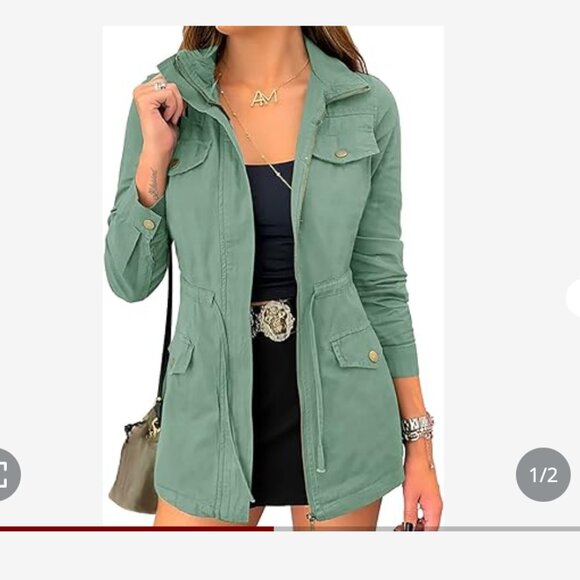 Military Jacket Zip Up Lightweight Safari Utility Drawstring  Jacket NEW large - Picture 1 of 5